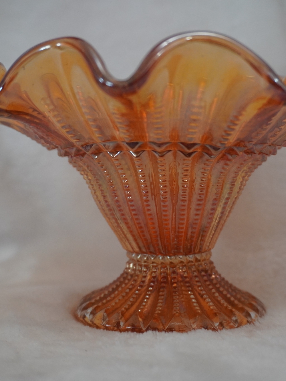 Iridescent Amber Marigold Carnival Glass Pedestal Dish - Picture 6 of 7